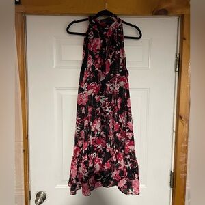 Elegant Black and Pink Floral Halter Dress, Sz 16